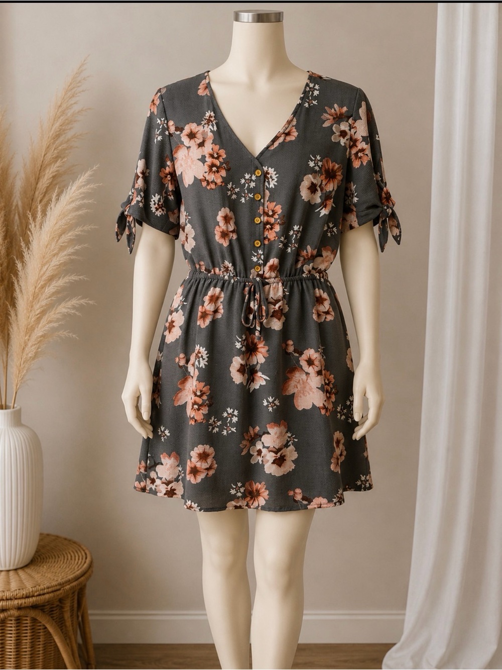 J for Justify Gray Floral Mini Dress with Peach Blooms